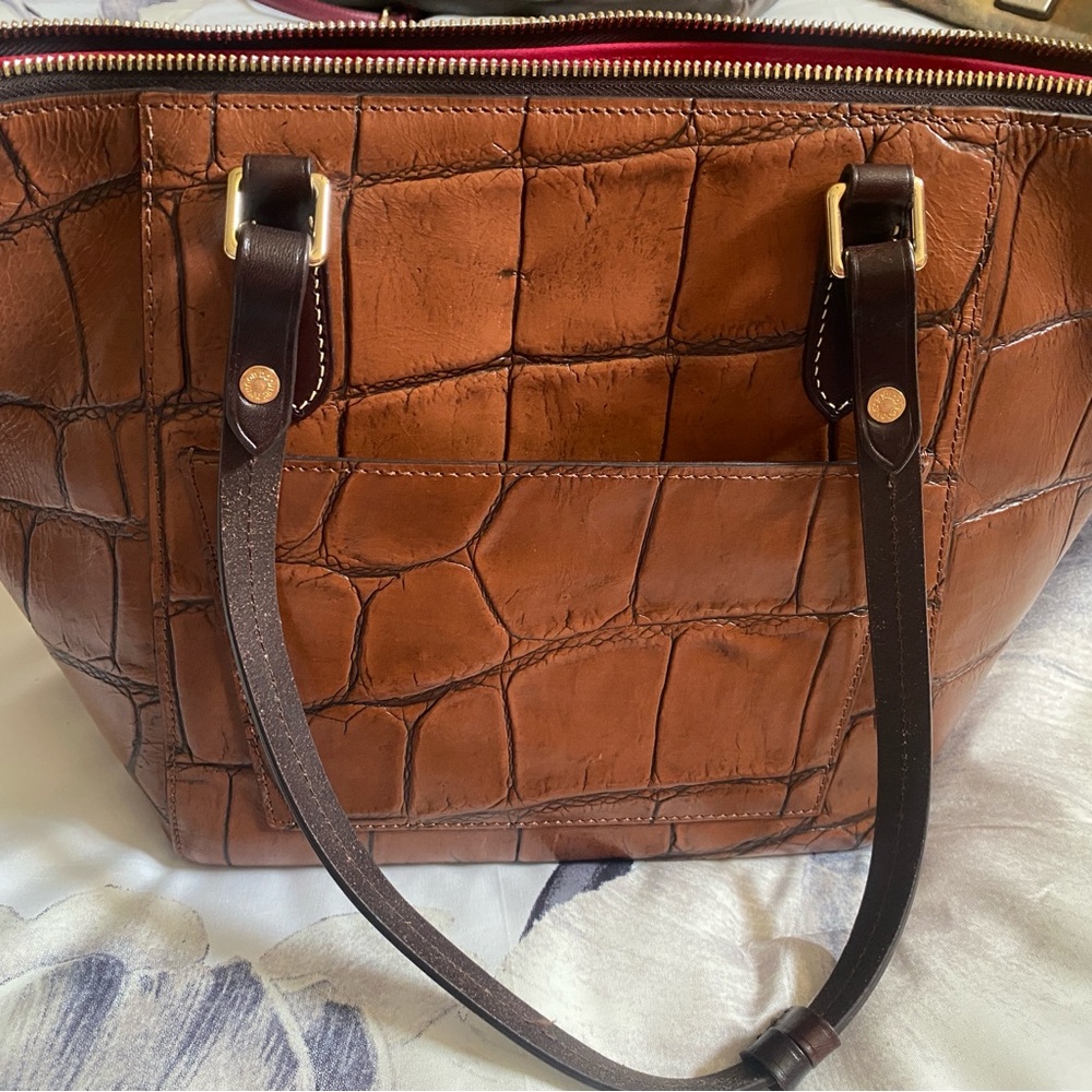 Brown Crocodile-Embossed Leather Tote Bag